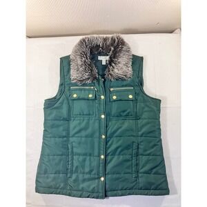 Dressbarn Women Puffer Vest Faux Fur Collar Green Size L Snap Button Zip Pockets